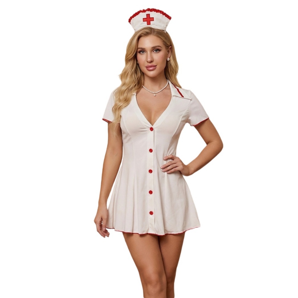 Sexy Nurse Cosplay Costume - Women Deep V-neck Slim Fit Uniform
